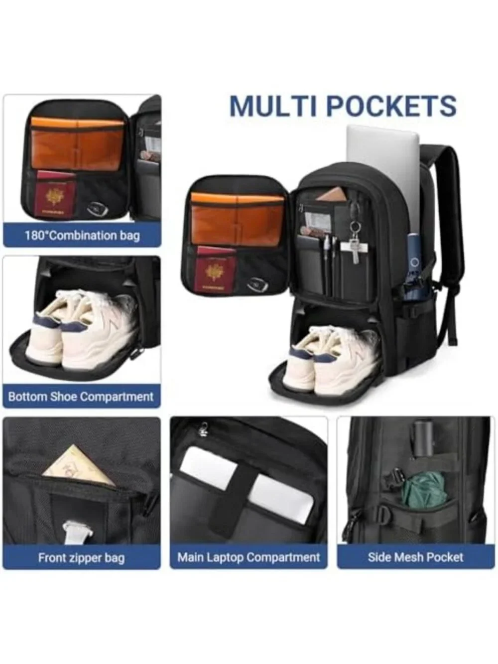 17.3” Water-Resistant Travel Laptop Backpack, Anti-Theft, USB Charging, 50L